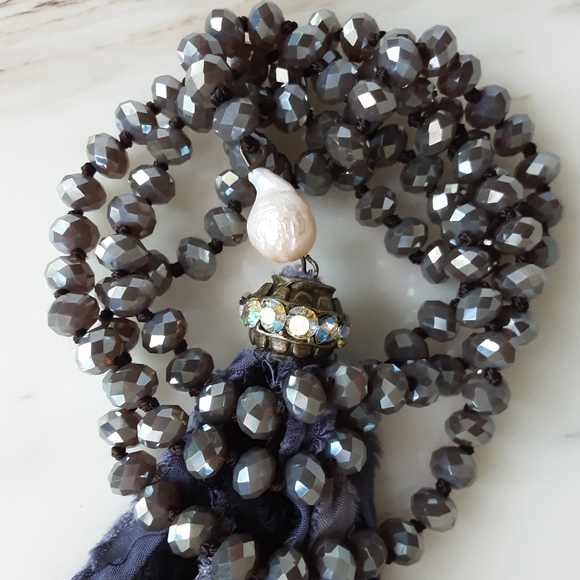 Faucet Crystal Rondelle Baroque Pearl AB Crystal Fabric Tassel Long Necklace 48" - Picture 4 of 11